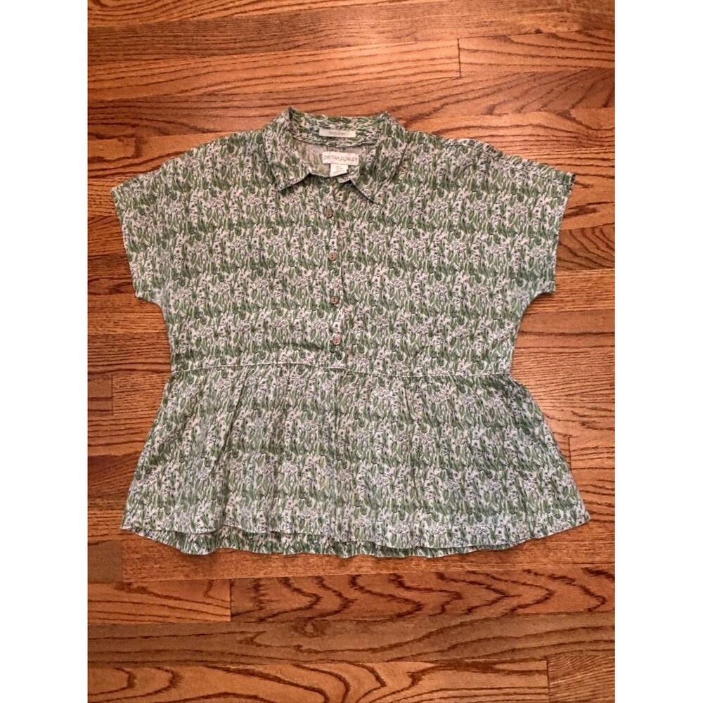 Cynthia Rowley 100% Linen Green Botanical Floral Button Front Short Sleeve